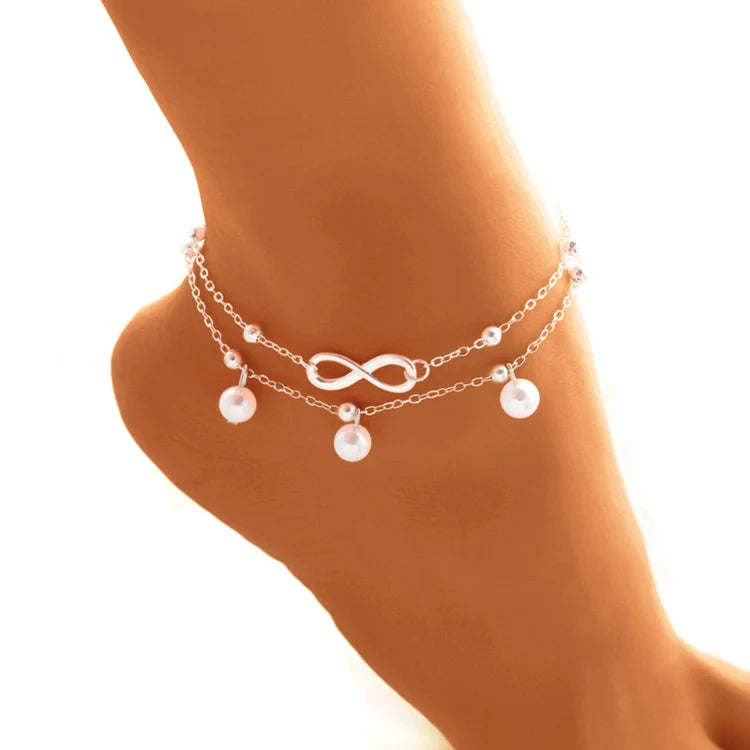 KR-33 Fashion Metallic Alloy Beach Feet Jewelry Anklets Double Layers Simple Women Foot Bracelet Number 8 White Pearl Anklet