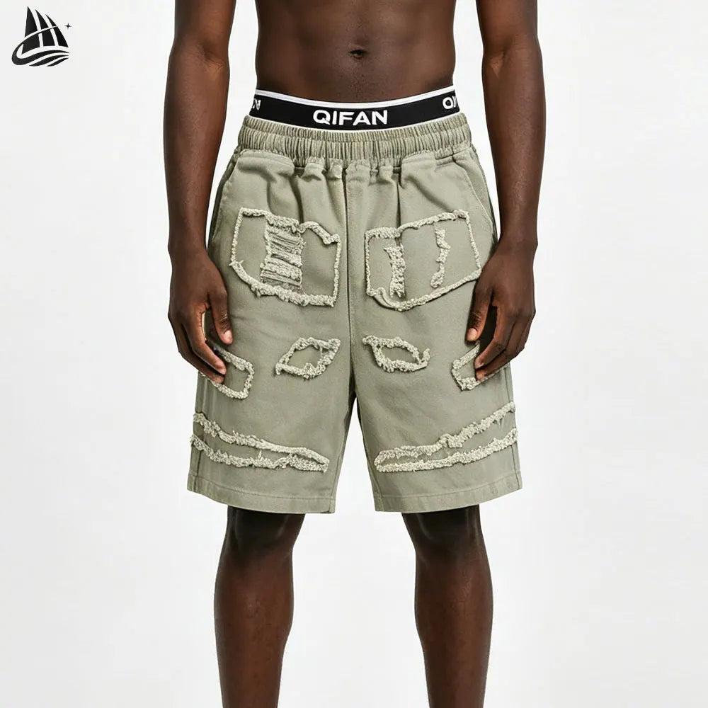 Custom Street Style Twill Canvas Washed Ripped Distressed Shorts for Men