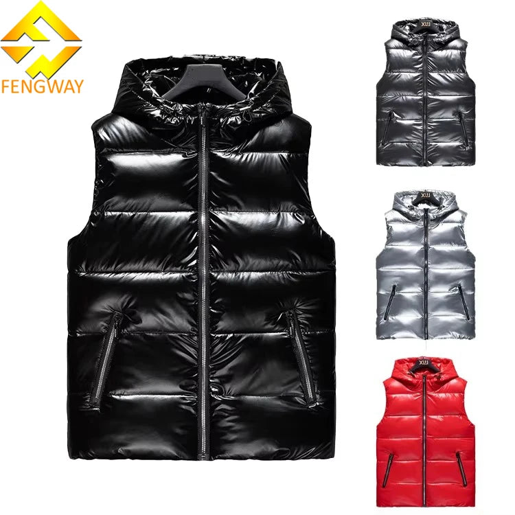Autumn Hooded Coated Woven Stand Collar Quilted Vest Jacket Bright Color Sleeveless Puff Vest Man