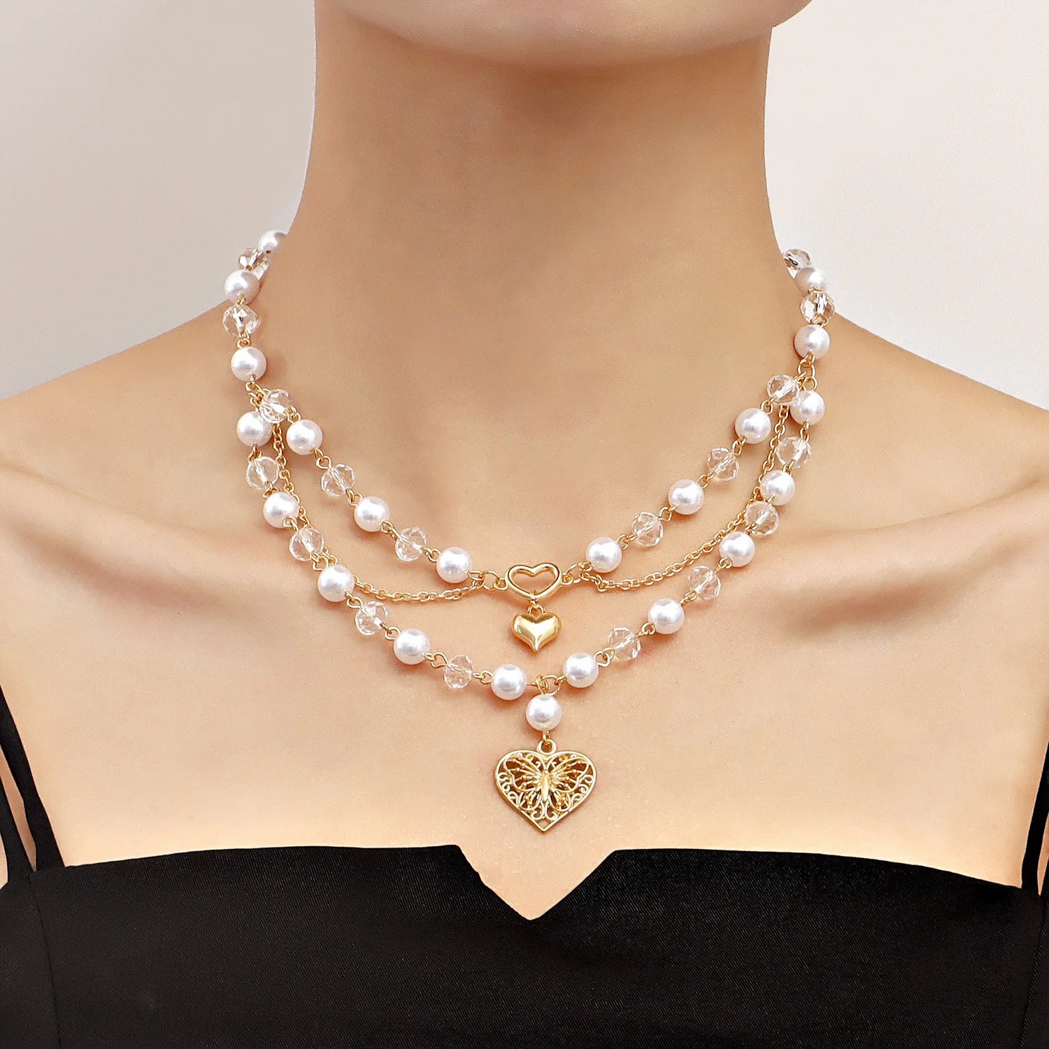 Hot Summer New Simple Fashion Double-layer High-gloss Pearl Necklace Fringe Love Butterfly Cross Necklace for Women