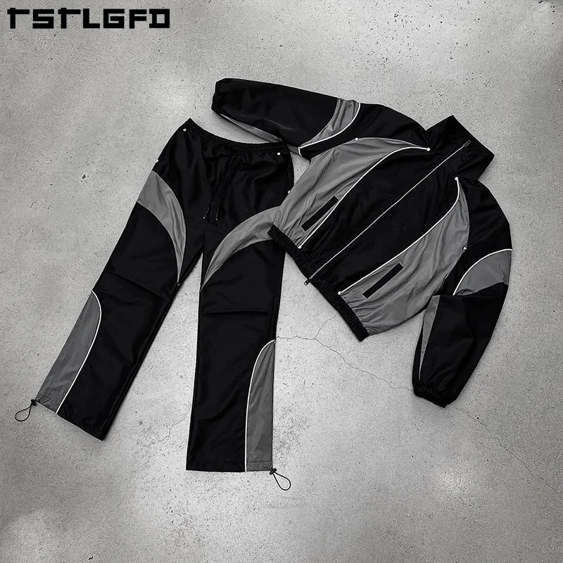 Custom Cotton Streetwear Gym Wear Windbreaker Jacket for Men Summer Set Sports Jogging Wear Splicing Patchwork  Tracksuit Men