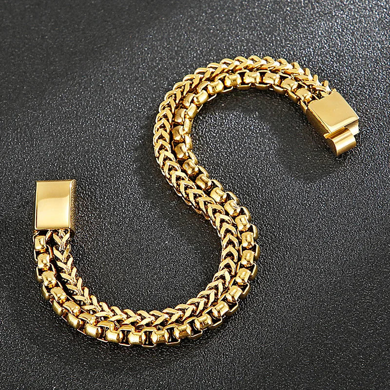 Free Lasering Stainless Steel Bracelets for Men Black Gold Franco and Box Chain Double Layered Bracelet With Magnetic Clasp