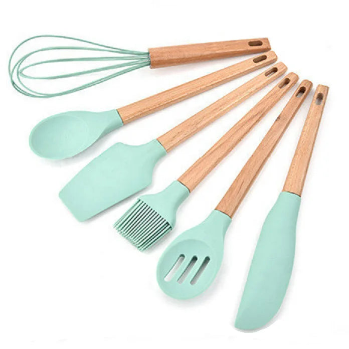 Professional 6 PCS Silicone Kitchenware Set Food Grade Cooking Utensils with Wooden Handles Chinese Style Design New Condition