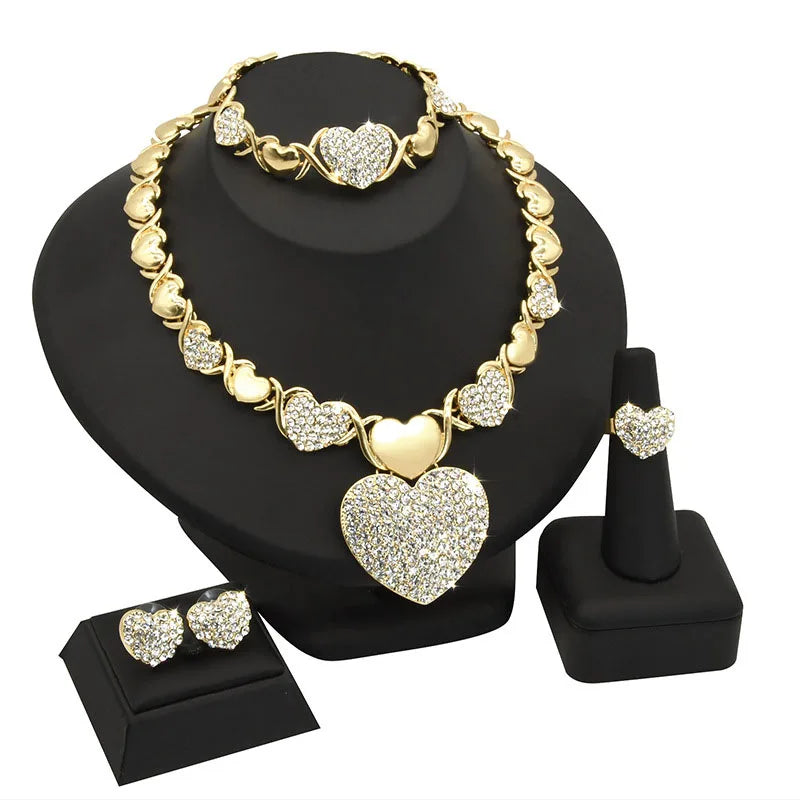 Jachon 2024 New Dubai 18K Gold Heart-shaped Jewelry Set Bridal Necklace Ring Earrings Bracelet Fro Women Wholesale