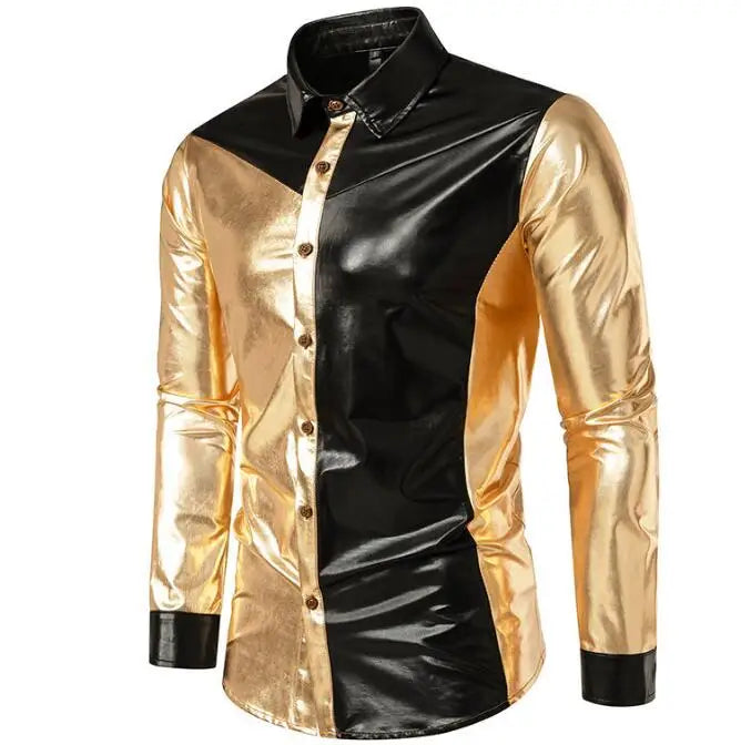 Men's Glossy Punk Style Color Blocking Nightclub Long Sleeved Shirt Men's Oversized Shirts