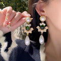 Vintage Flower Drop Stud Earrings Long Hanging Stud Earrings Pearls Earrings for Women