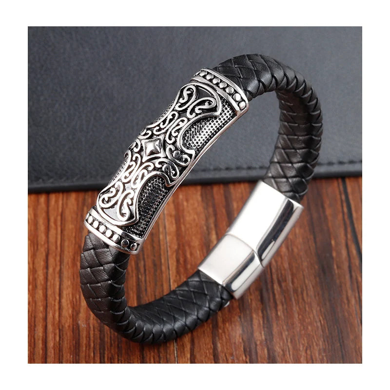 New Arrival Men Genuine Leather Cowhide Bracelet Wide Cross Leather Bracelet With Stainless Steel Magnetic Clasp OT-209