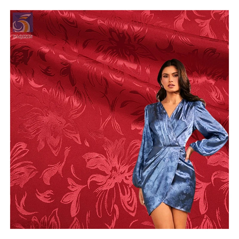 Classic Spring Festival Big Red Flower Polyester Jacquard Pattern Chinese Satin Fabric for Bedding Decorations