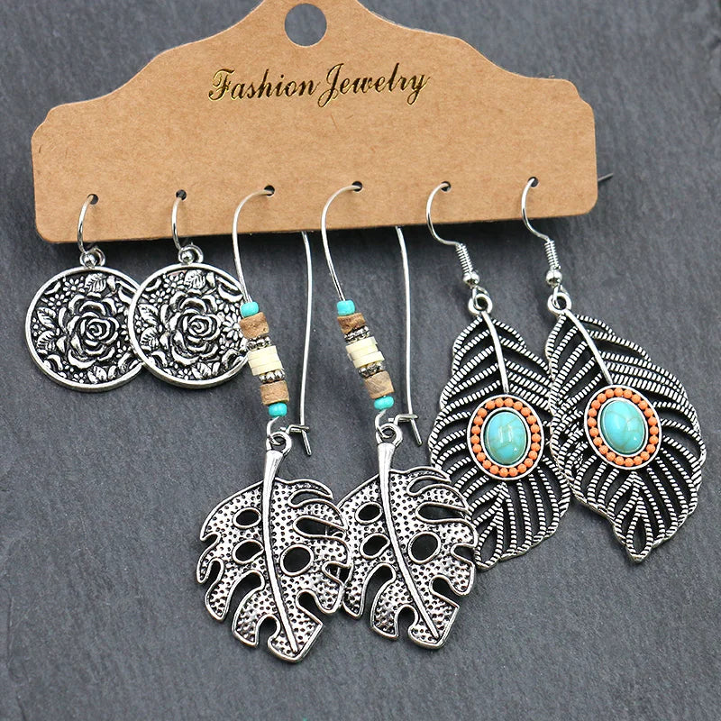 Fashion Silver Zinc Alloy Turquoise Vintage Style Rhodium Plated Eco-Friendly Women's Big Hook Drop Earrings Set 3 Pairs