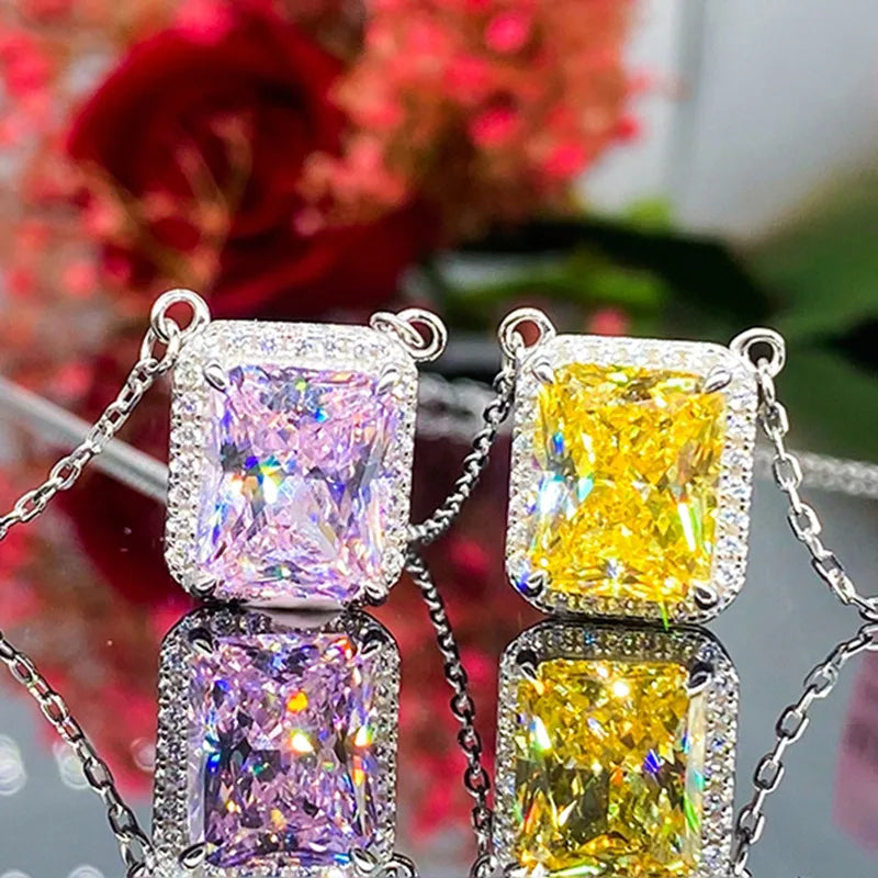 Huitan Fashion New Simple Pink Yellow Crystal Gemstone Pendant Chain Charm Square Rectangle Rhinestone Necklace for Women
