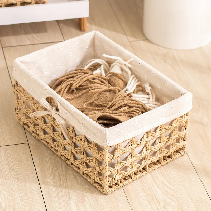 Hand-Woven Raffi Papyrus Paper Rope Desktop Clutter Storage Home Organizer Basket