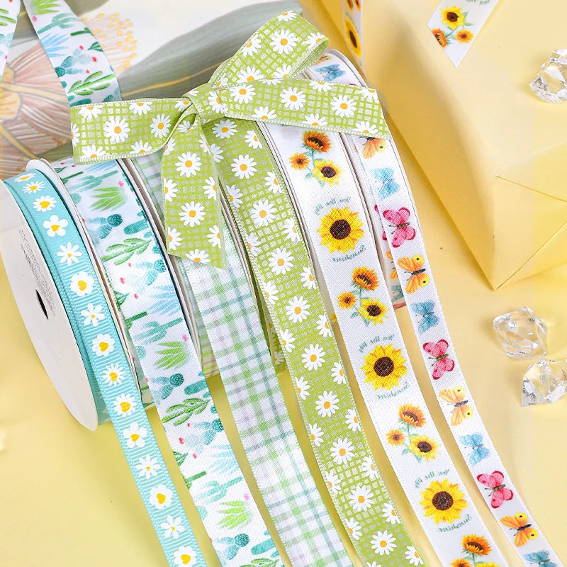 Ribest Custom Printed Satin Ribbon Green White Plaid Flower Logo OEM Wholesale