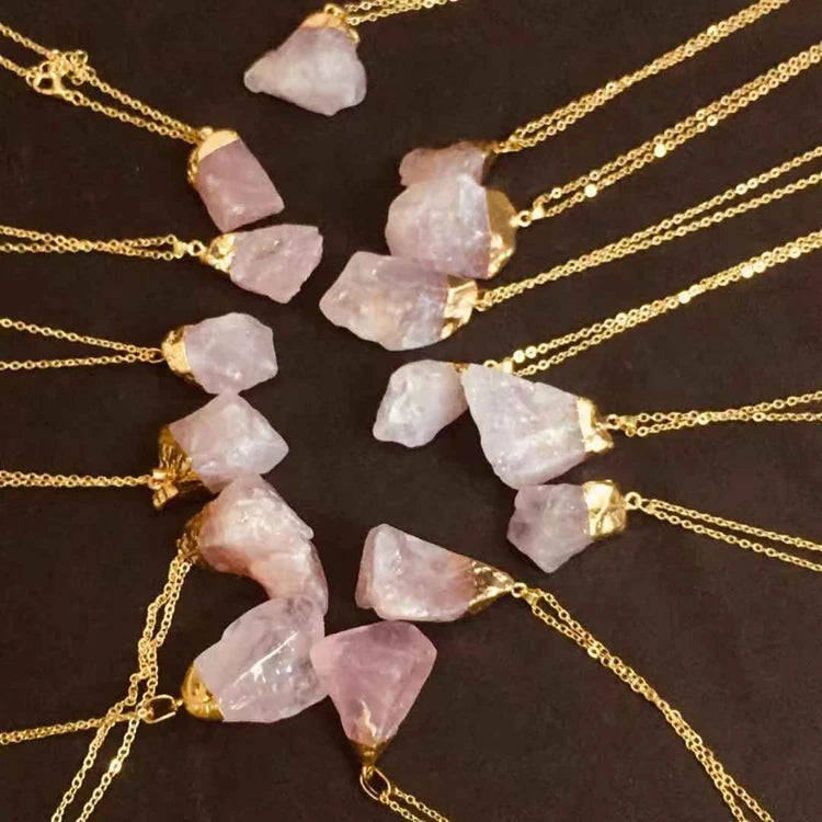 Luxury 18k Gold Plated Natural Raw Rose Quartz Stone Crystal Healing Necklace Pendant Jewelry Wholesale