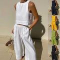 Women's Casual Plus Size Two-Piece Set Loose Solid Color Sleeveless Shirt & Wide Leg Pants New Style with Collarless Design