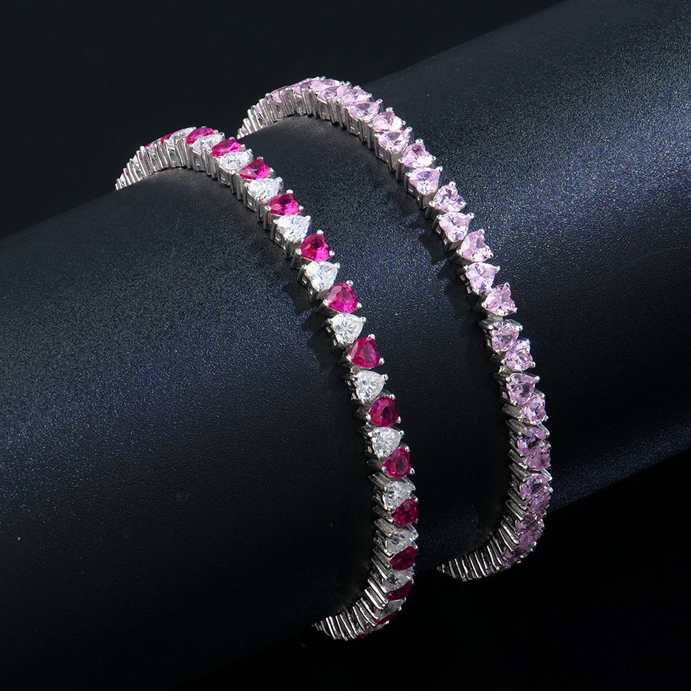Wholesale Custom 925 Sterling Silver Women's Tennis Chain Bracelet 3mm With Heart Diamonds Pink Vvs Featuring Zircon Moissanite