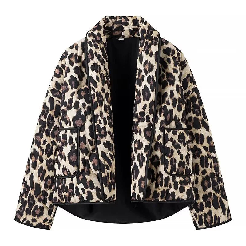 ZATRHMBM 2024 Women Fashion Leopard Print Cotton Coat Vintage Long Sleeves Button up Female Outerwear Chic Overshirt