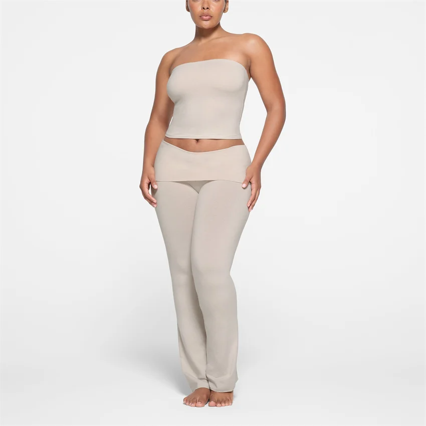 4Xl Foldover Pant Workout Tracksuit Set Women Cotton Jersey Tube Top Plus Size Yoga Sets