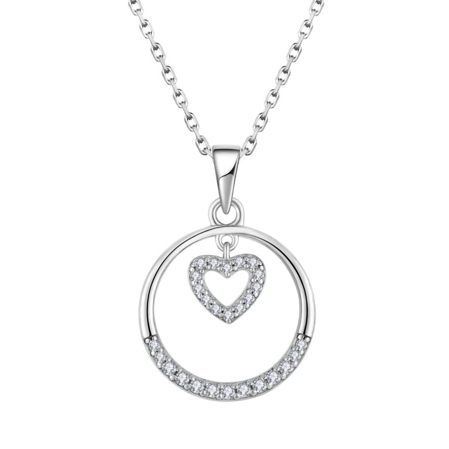 925 Sterling Silver Round CZ Rhodium Plated Heart Pendant Necklace for Women