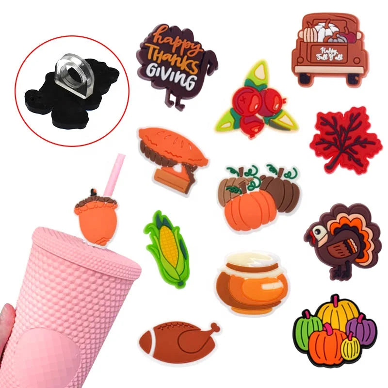 Hot Sale PVC Drinking Straw Toppers Fall Thanksgiving Day Pumpkin Charm Cover Bar Accessories