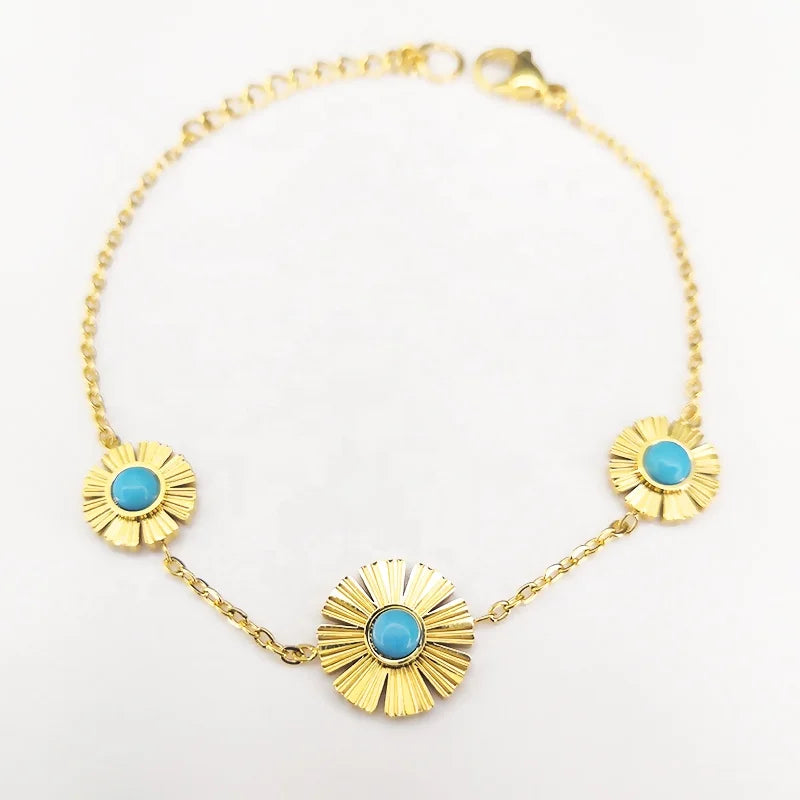 Clearance Style 18K Gold Plated Stainless Steel Jewelry Synthetic Blue Turquoise Daisy Charms Accessories Bracelets B222298