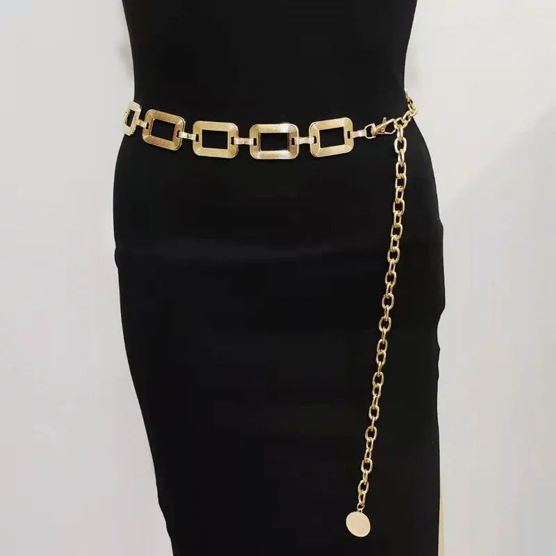 Europe and the United States Cross-border Waist Chain Women's Simple square Buckle Texture Metal Chain Waist Decoration Dress