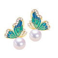 Women's Wholesale Enamel Butterfly Pearl Stud Earrings Natural Freshwater Pearl Jewelry