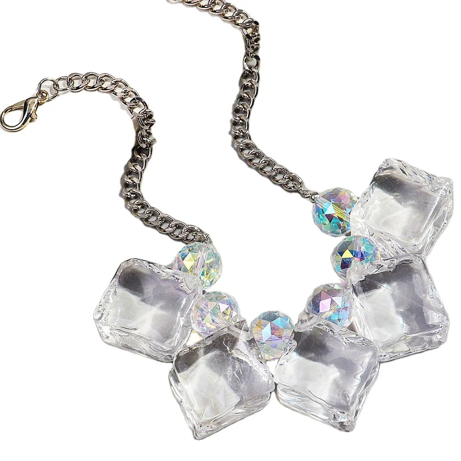 Trendy Designer Choker Irregular Square Pendant Geometric Ice Cube Clear Crystal Laser Beaded Party Jewelry Hip Hop Necklace