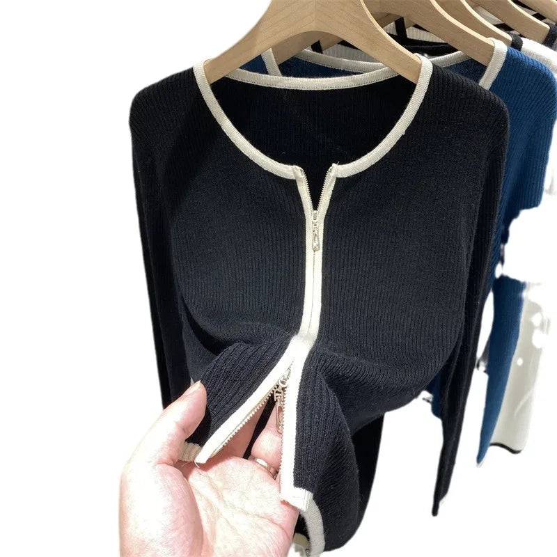 Wholesale Custom Cropped Knitted Cardigans Sweater Women With Double Zippers Women's Cardigan Jacket