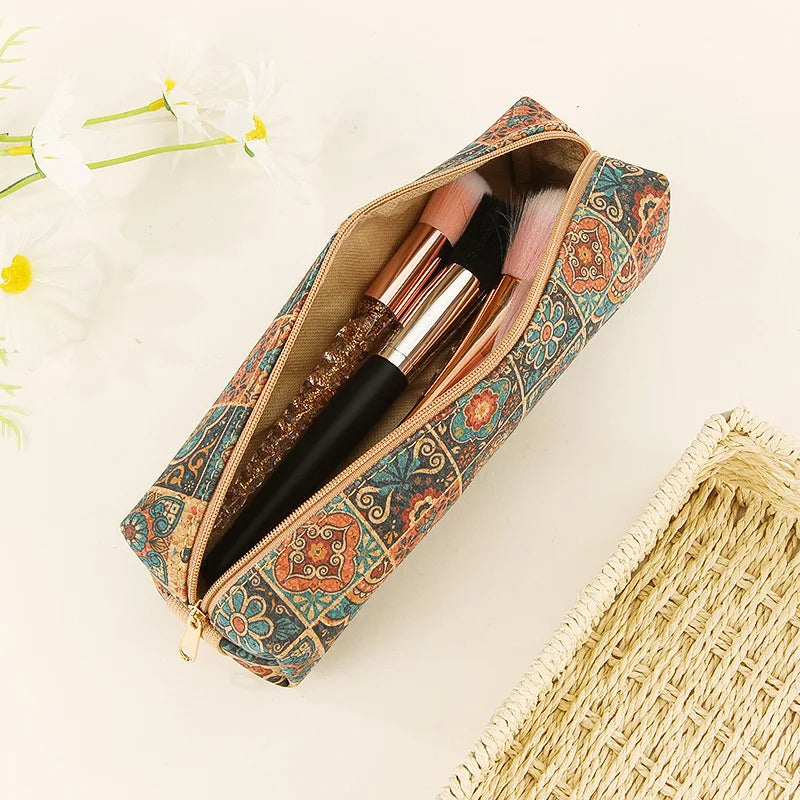 Large Capacity Cork Pencil Case with Zipper Closure Fashionable Square Storage Bag Original Waterproof Letter Pattern