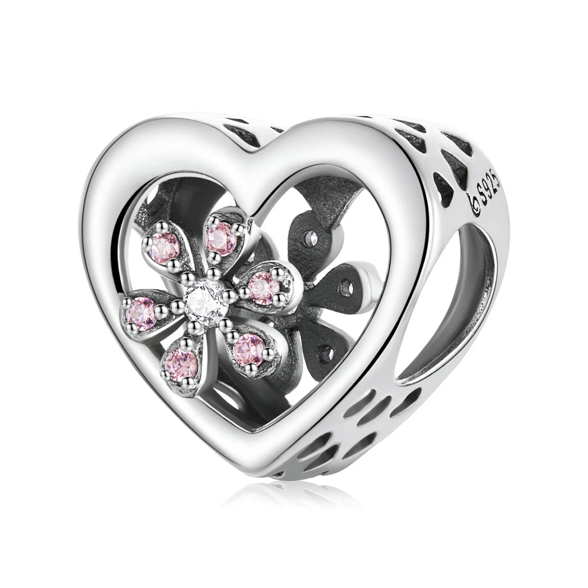 925 Sterling Silver pink Sakura love Inlaid with Dazzling Zircon Charms Pendant Fit Women Bracelet Fine Jewelry DIY BSC570