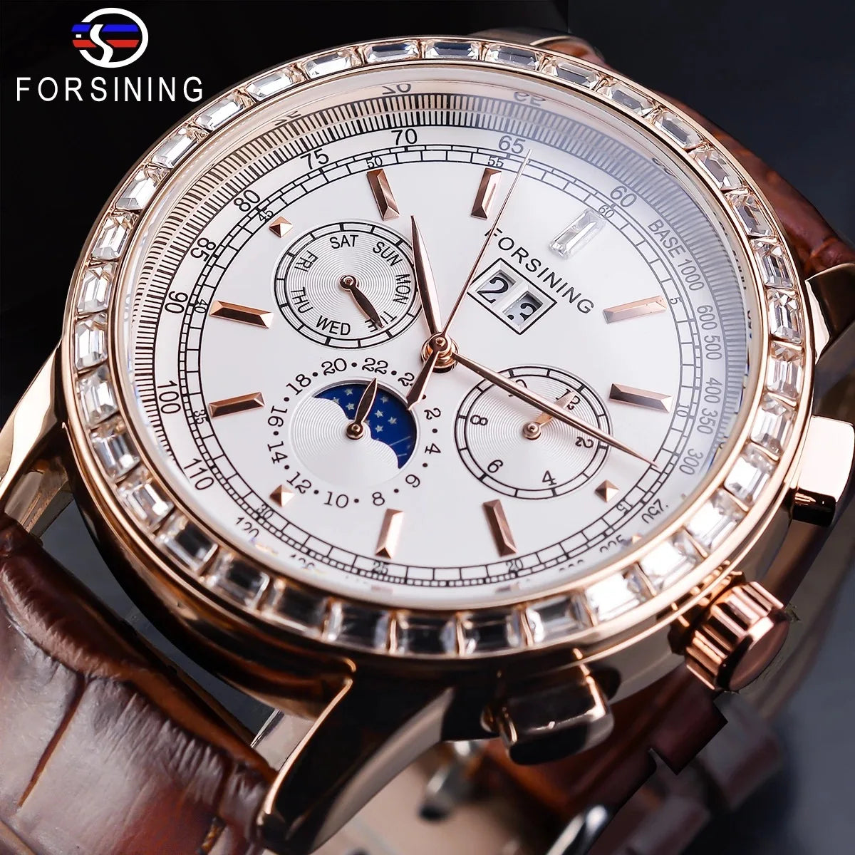 FORSINING GMT1229 Automatic Watch Men Moon Phase Multifunction Mechanical Male Watches Casual Leather Band Horloges Mannen Clock