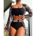 New Three Piece Swimsuit High Waist Long Sleeve Bikini Set Plant Printed Swimwear