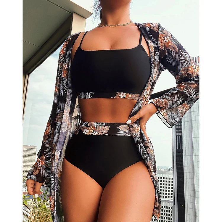 New Three Piece Swimsuit High Waist Long Sleeve Bikini Set Plant Printed Swimwear