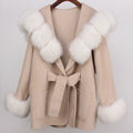 2024 New Autumn Winter Women's Short Fur Wool Cashmere Coat Big Pockets Warm Hooded Real Fox Fur Jacket for Winter Woven Fabric