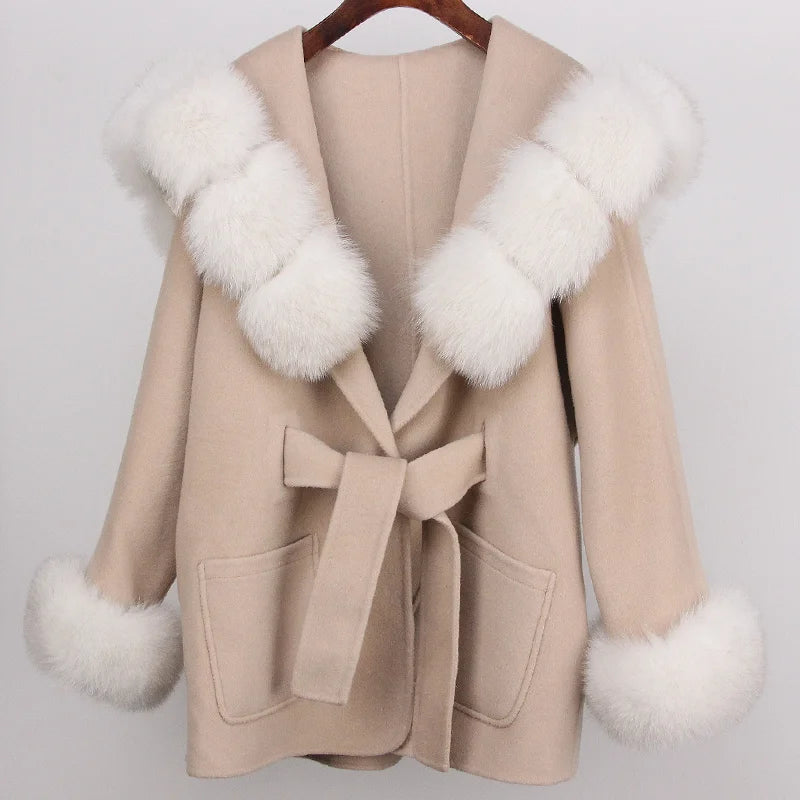 2024 New Autumn Winter Women's Short Fur Wool Cashmere Coat Big Pockets Warm Hooded Real Fox Fur Jacket for Winter Woven Fabric