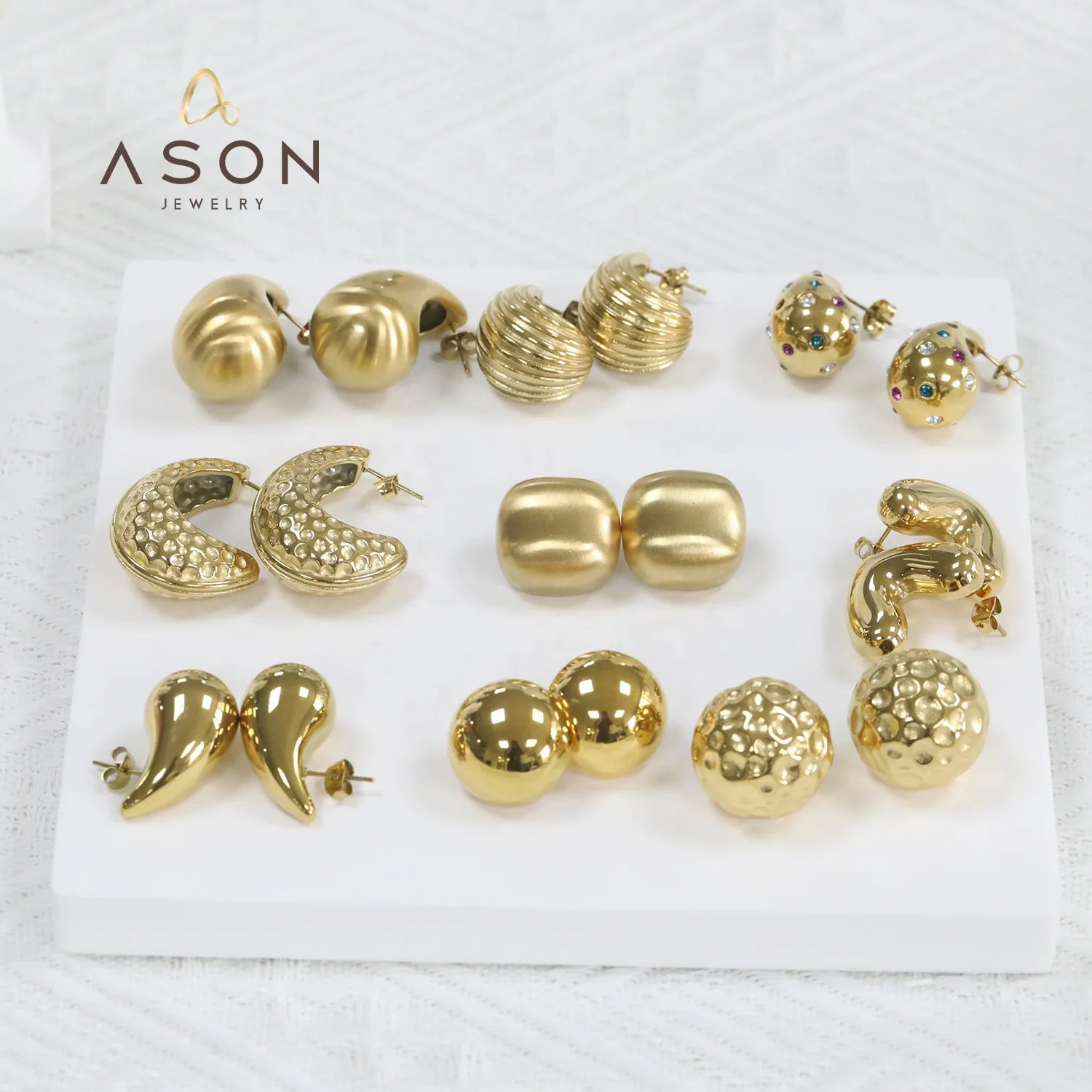 Ason Fashion 18k Pvd Stainless Steel Gold Plated Teardrop Stud Earrings Jewelry Women Hammer Round Hollow Water Drop Earrings