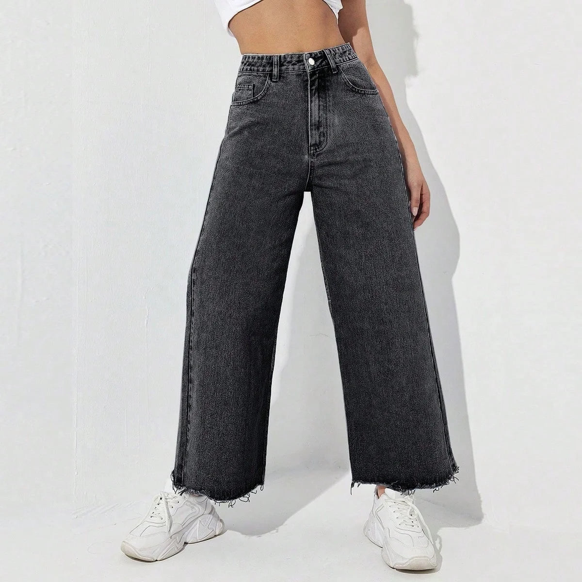 Women's Casual High Waisted Loose Fit Denim Jeans with Wide Legs Washable Simple Style Summer Ready Hole Detail