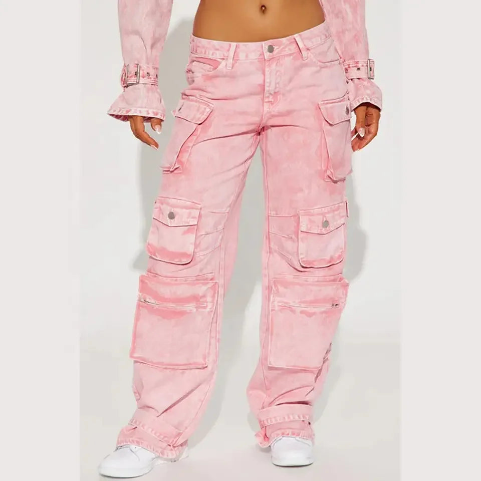 Street Vintage Distressed Cargo Cotton Wide Leg Pants for Women Plus Size Pants Joets Workwear