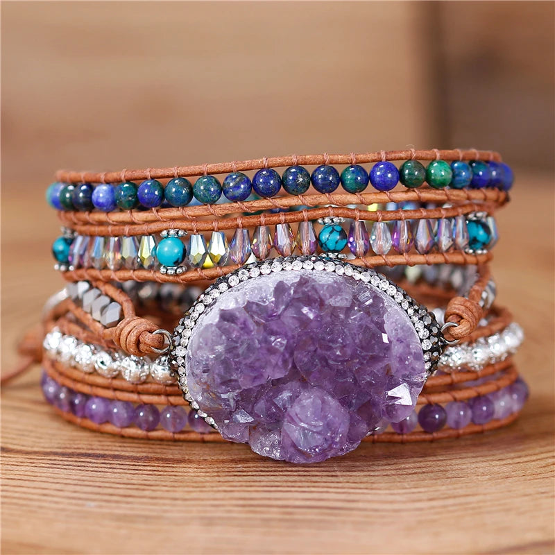 Handmade Purple Raw Amethyst Druzy 5 Rows Leather Beaded Wrap Bracelet for Women Vintage Jewelry Friendship Gift Wholesale