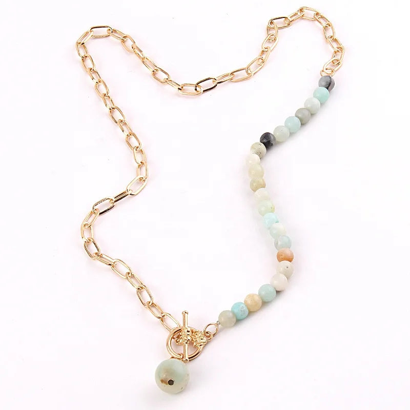 Women Necklace Gold Paperclip Chain 6MM Gemstone Turquoise Necklace 12mm Amazonite Stone Pendant  Choker Necklace WesternJewelry