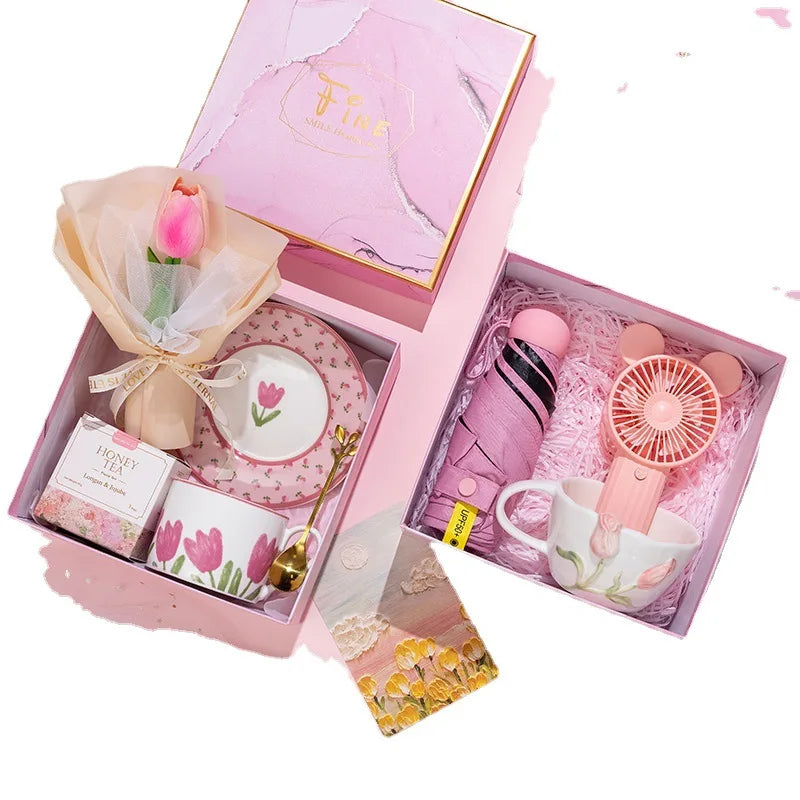 New Year Gift Custom Mug Towel Set Birthday Gift Set Christmas Tulip Cup Gift Unique for Women