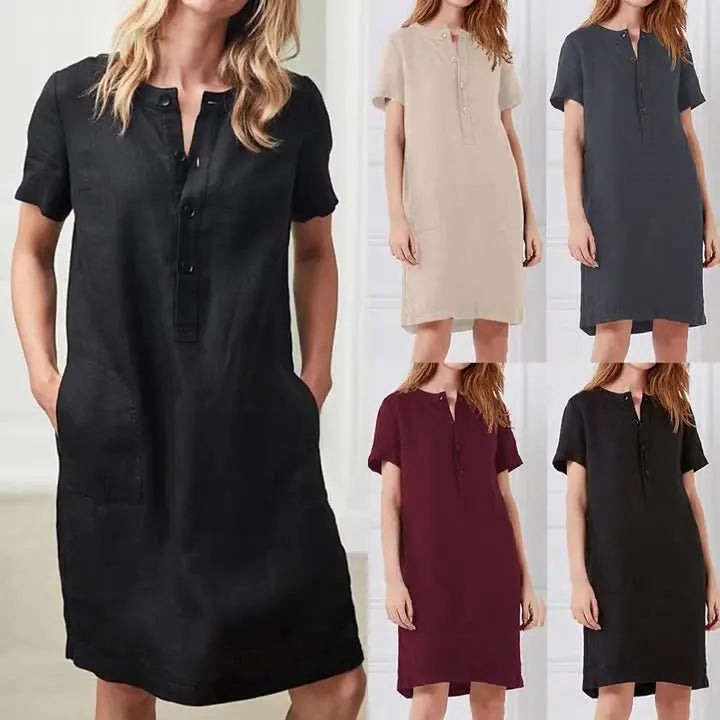 Wholesale Women's  Cotton Linen Dresses Short Sleeve Solid Color Button O-neck Summer Midi Length Simple Casual Dress