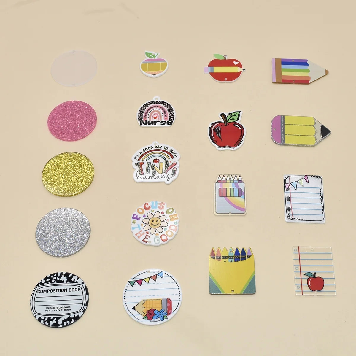 DIY Jewelry Making Blank Acrylic Round Disc Pencil Rainbow Apple Charm for Keychain Lanyard Accessories