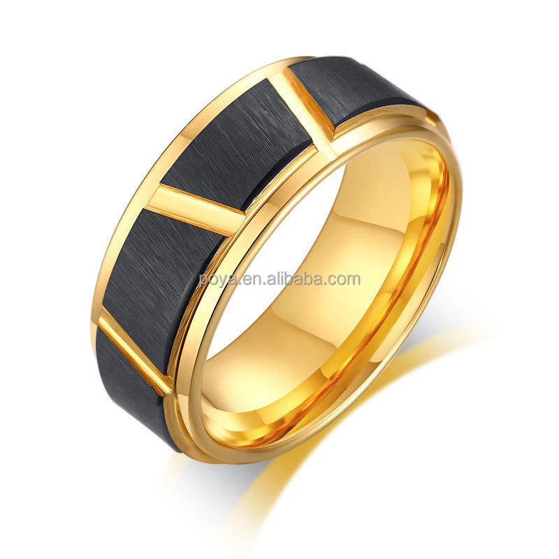POYA Wholesale 8mm Two Tones Tungsten Black Gold Plated Grooved Step Edge Wedding Ring for Men