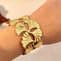 Waterproof Hypoallergenic Elegant Women's Fashion Jewelry Luxury Gold Stainless Steel Opening Ginkgo Leaf Cuff Bangle Bracelet