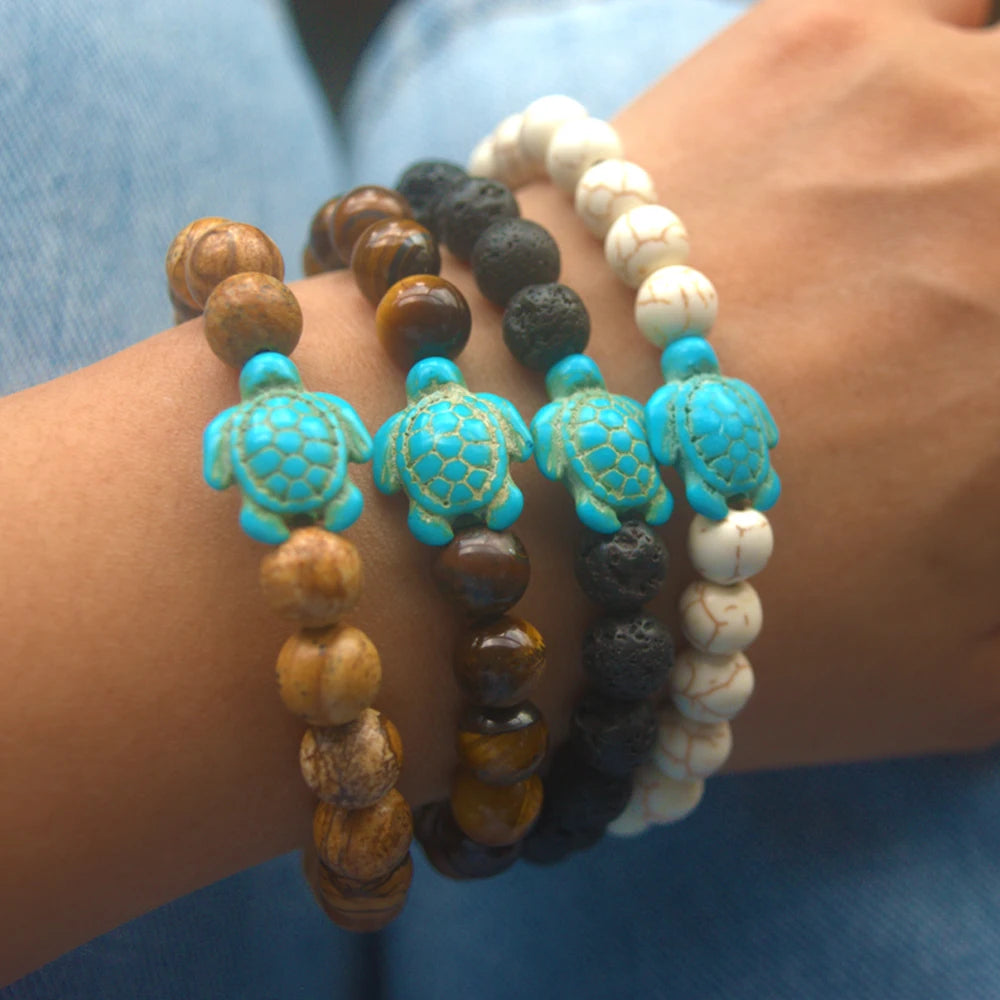 Wholesale Natural Healing Howlite lava tiger Eye Picture Stone Beads Turquoise Turtle Charm Bead Single Bracelet Jewelry