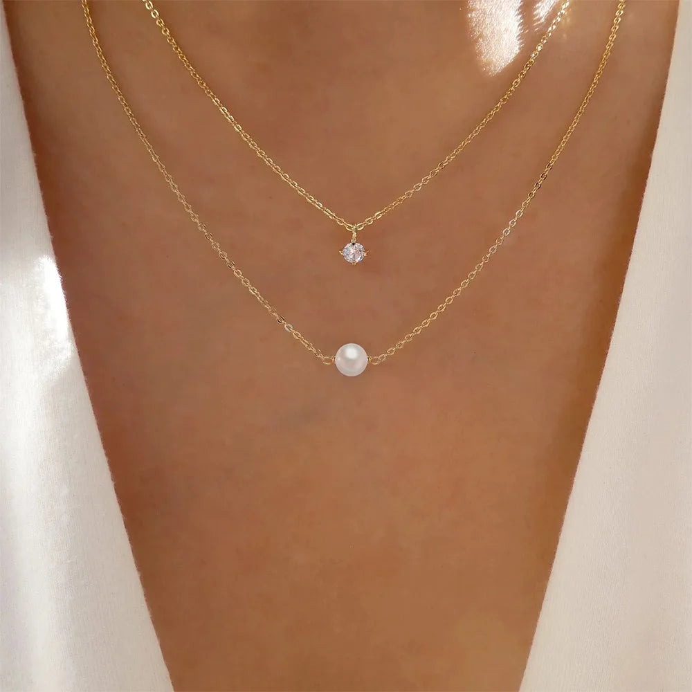 925 Sterling Silver 4 Claws Round Single Zirconia Pearl Pendant Double-layer Necklace Mini Style Silver Fashion Jewelry