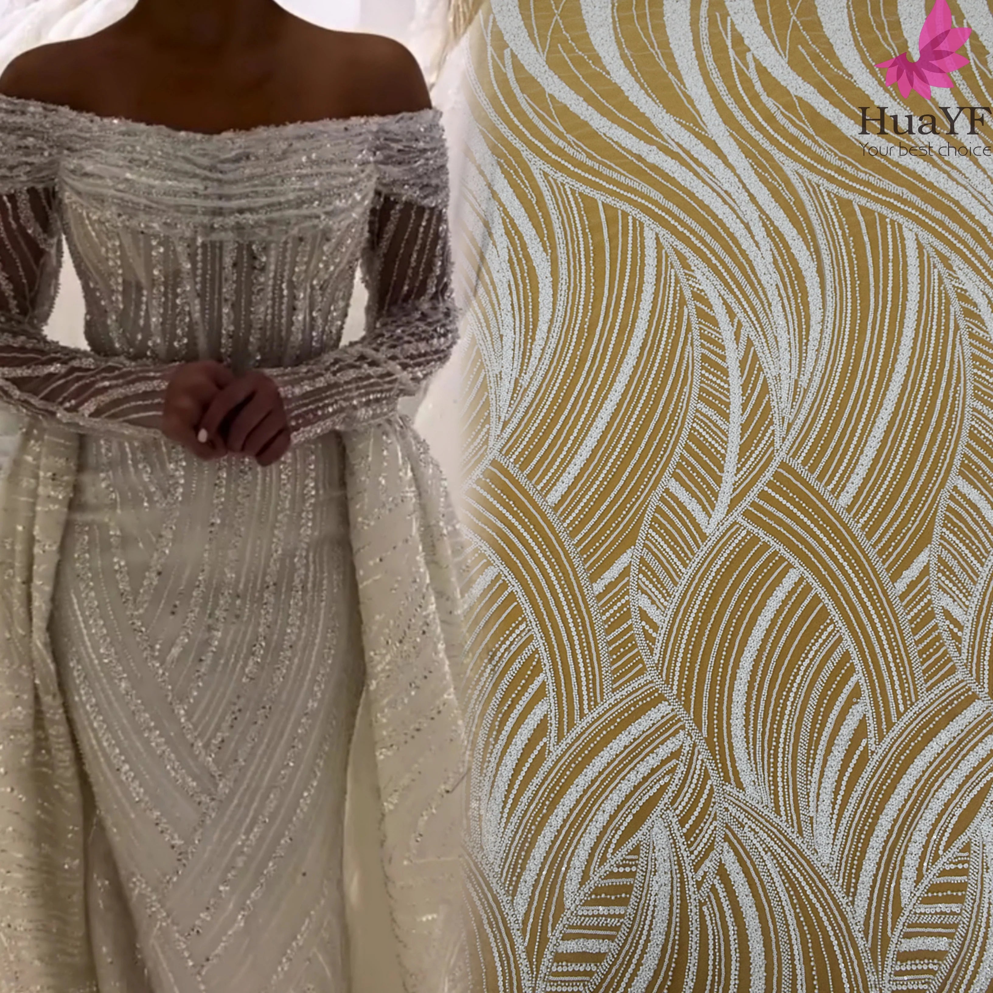 HY2375 Luxury 3d Beaded Pearls Pure White Lace Sequins With Beads for Wedding Dress Bridal French Lace