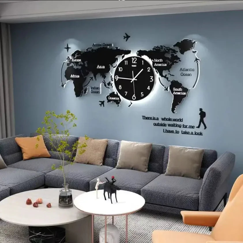 120X55CM L With LED Night Light Customizable Large Home Art Silent Watch World Map Decor Wall Clock Dropshipping DDP RoHS WEEE