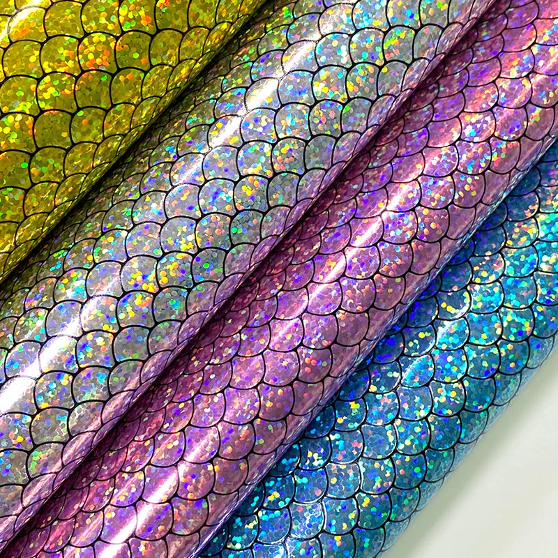 Laser Mermaid Pattern Printed Design Artificial Fabric Fish Scale Printing PU Finished Synthetic Leather for Bags/Decorations